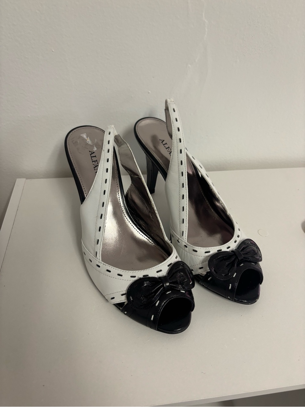 White and Black Slingback Peep-Toe Heels with Bow Accent